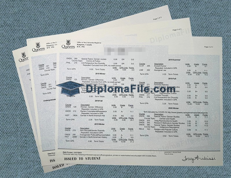 金斯顿女王大学成绩单, Queen University at Kingston transcript