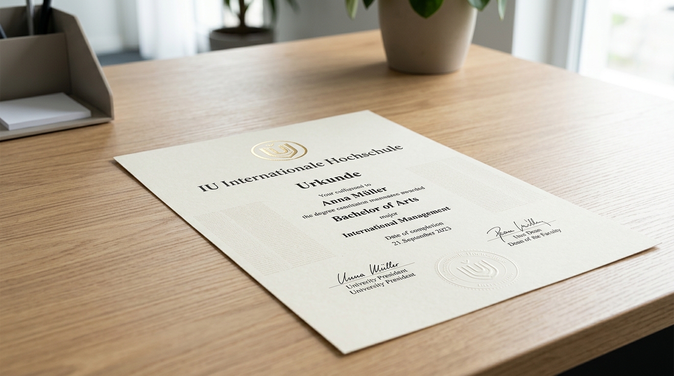 IU Internationale Hochschule Urkunde degree certificate with official seal and signatures