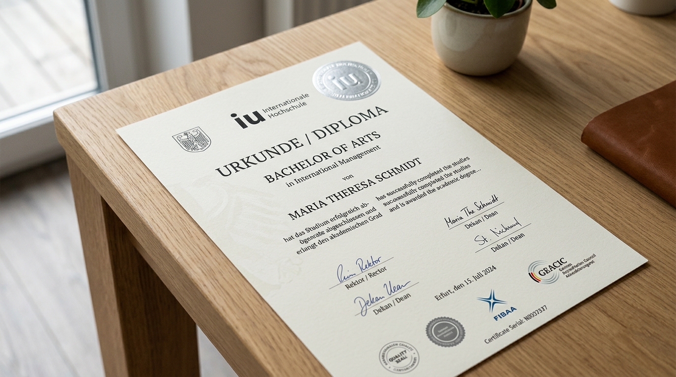 IU Internationale Hochschule Urkunde showing state recognition seal and FIBAA accreditation marks