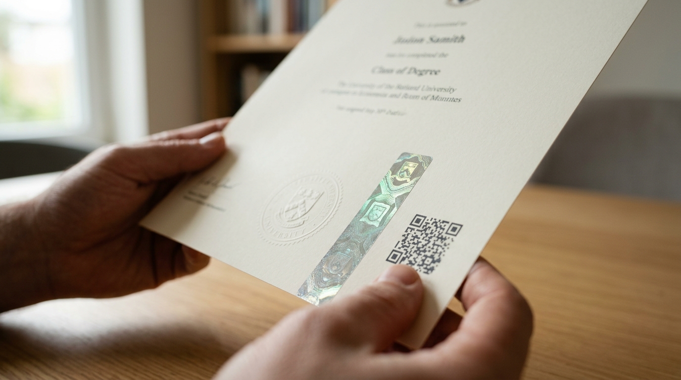 IU Internationale Hochschule degree certificate security features including hologram and QR code